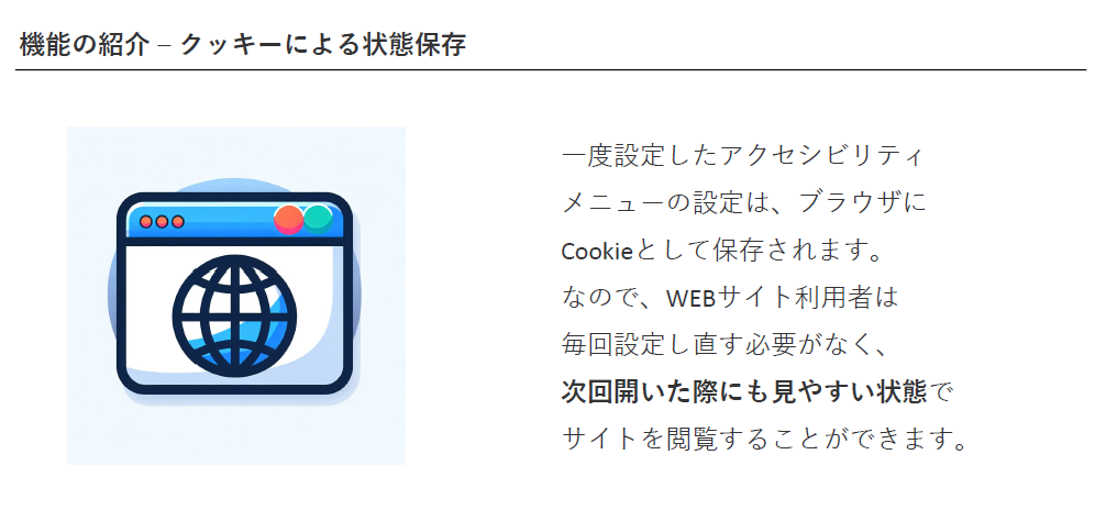 機能の紹介 - クッキーによる状態保存。一度設定したアクセシビリティメニューの設定は、ブラウザにCookieとして保存されます。 なので、WEBサイト利用者は毎回設定し直す必要がなく、 次回開いた際にも見やすい状態でサイトを閲覧することができます。